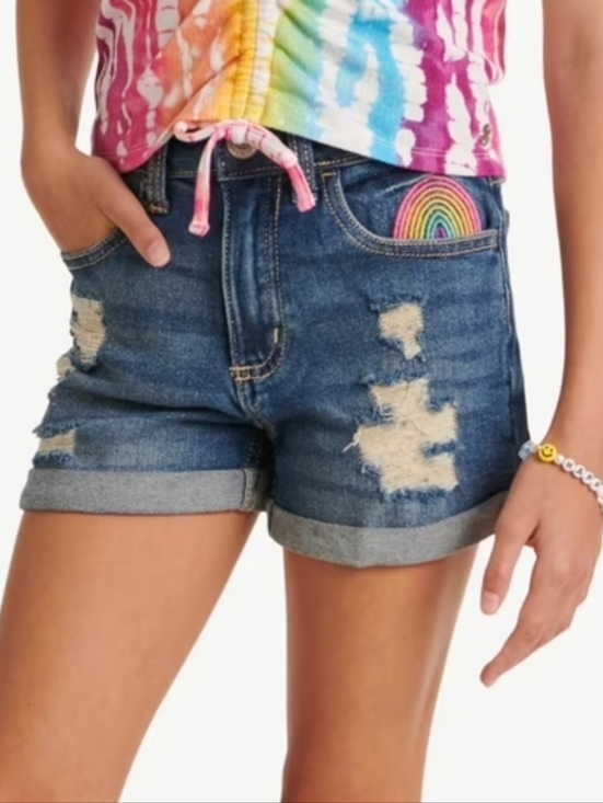Justice Other - Justice Mini Mom Rainbow Embellished Distressed Jean Shorts, Sz 8